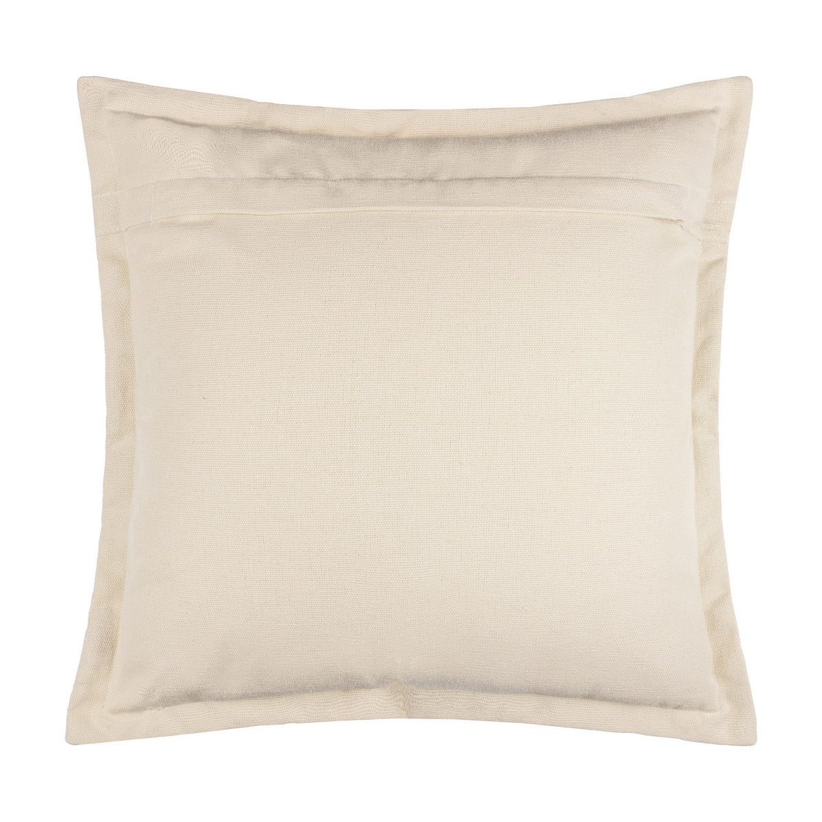 Holmfirth square cushion in natural cotton canvas, shown reverse side with concealed zip opening and flat oxford border edging, on a plain white background.