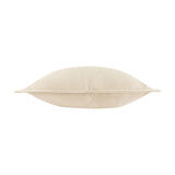 Side view of the Holmfirth natural cotton canvas cushion showing its plump, firm shape and flat oxford border edge, on a plain white background.