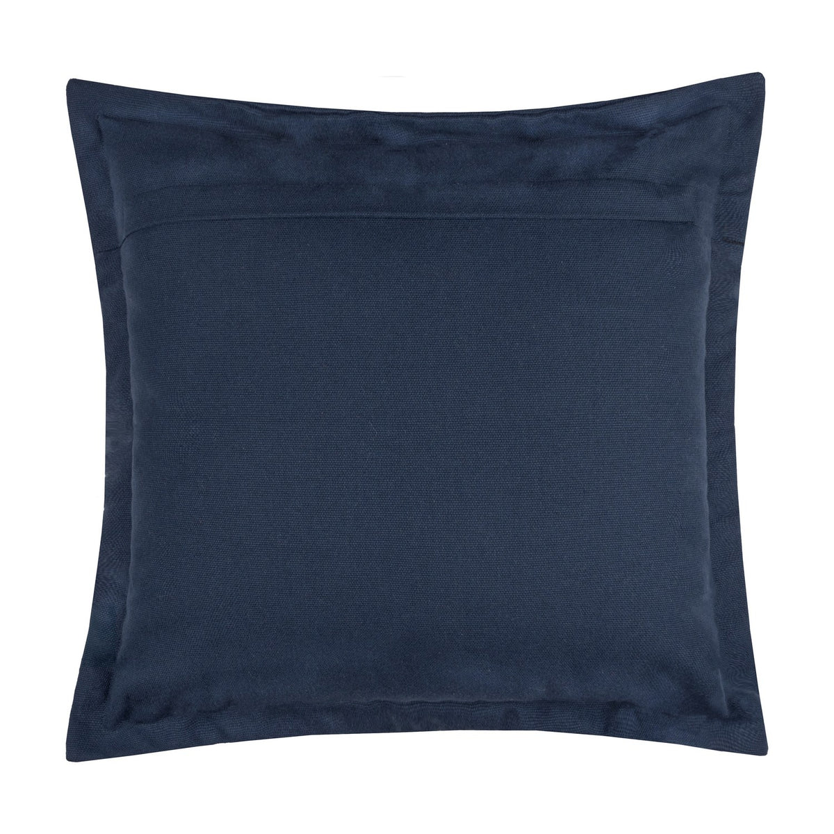 Holmfirth square cushion in plain navy cotton canvas, showing the reverse side with an envelope-style opening, photographed on a plain white background.