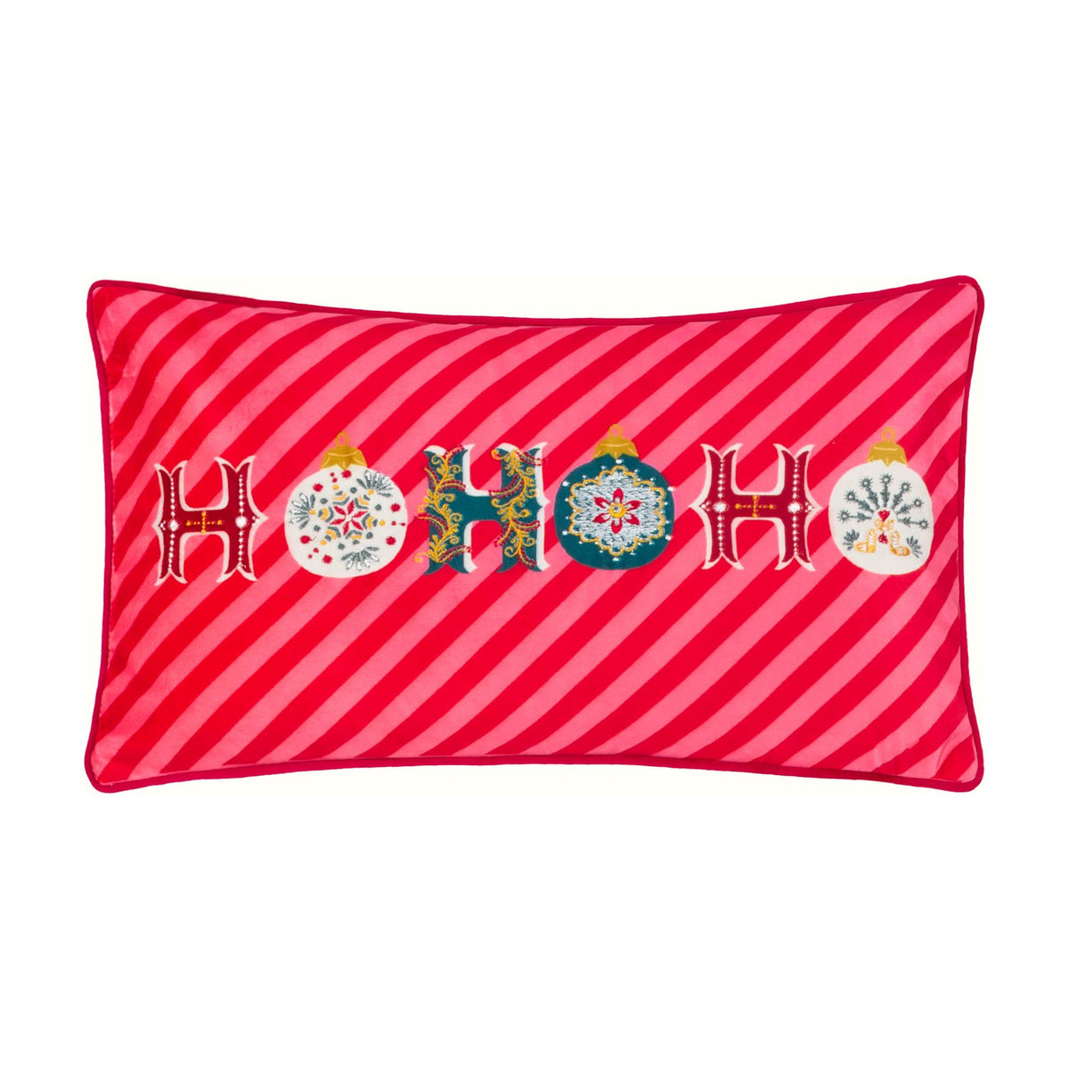Rectangular velvet cushion in red and pink candy-stripe design with "HoHoHo" lettering and bauble motifs, shown on a plain white background.