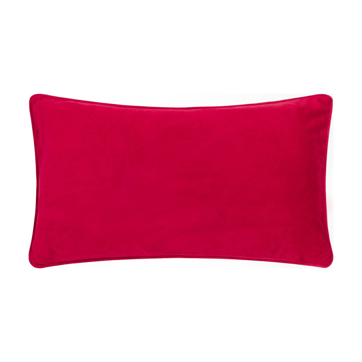 Rectangular red velvet bolster cushion, HoHoHo Abstract Velvet Cushion, plain reverse side shown on a white background.