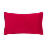 Rectangular red velvet bolster cushion, HoHoHo Abstract Velvet Cushion, plain reverse side shown on a white background.