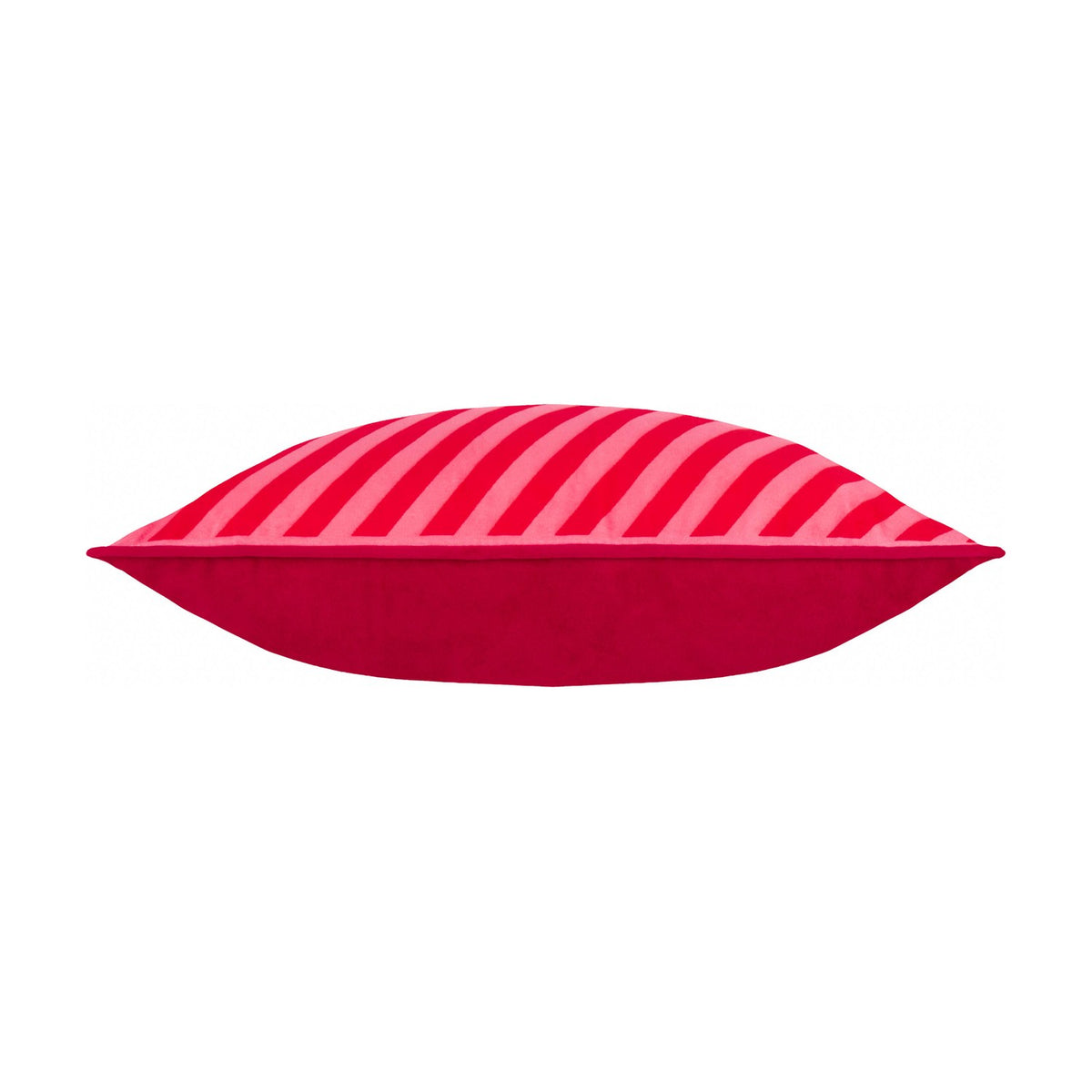 Rectangular velvet bolster cushion in red and pink diagonal stripe pattern on the front, plain solid red velvet reverse, shown side-on against a white background.