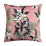 Honolulu Floral Polyester Cushion in pink, a square outdoor cushion printed with white blooms, dark leaves and palm fronds, shown against a plain white background.