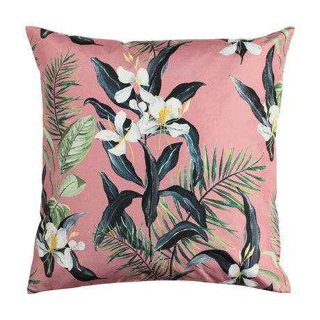 Honolulu Floral Polyester Cushion in pink, a square outdoor cushion printed with white blooms, dark leaves and palm fronds, shown against a plain white background.