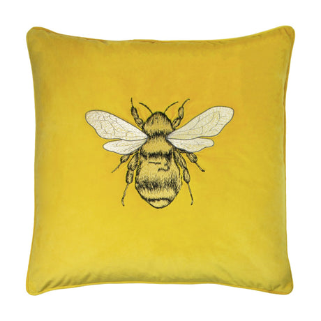 Hortus Animal Velvet Cushion in Ceylon yellow, a 50x50cm square cushion with an embroidered bee design in cream and dark thread, shown on a plain white background.
