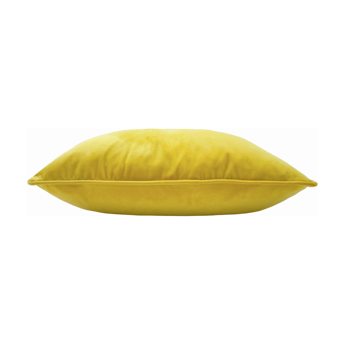 Side view of the Hortus Animal Velvet Cushion in Ceylon yellow, showing plump velvet fabric and a seamed edge against a plain white background.