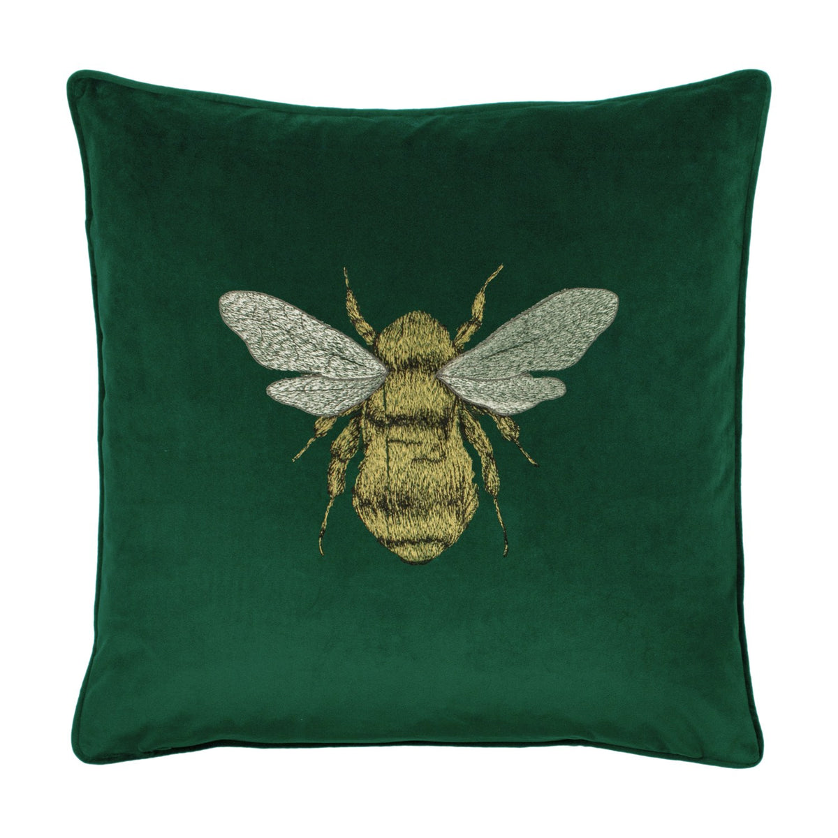 Hortus Animal Velvet Cushion in emerald green, square velvet fabric with an embroidered gold and metallic-thread bee design, shown on a plain white background.