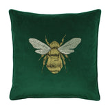Hortus Animal Velvet Cushion in emerald green, square velvet fabric with an embroidered gold and metallic-thread bee design, shown on a plain white background.