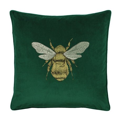 Hortus Animal Velvet Cushion in emerald green, square velvet fabric with an embroidered gold and metallic-thread bee design, shown on a plain white background.