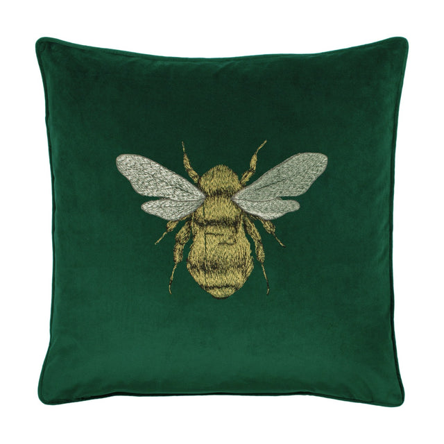 Hortus Animal Velvet Cushion in emerald green, square velvet fabric with an embroidered gold and metallic-thread bee design, shown on a plain white background.
