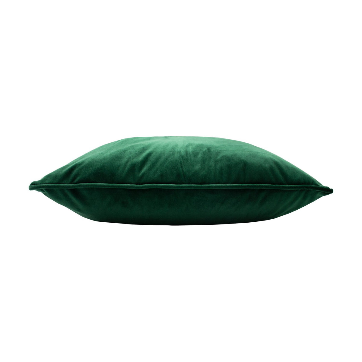 Hortus Animal Velvet Cushion in emerald, shown side-on with piped edging and plump velvet fill against a plain white background.