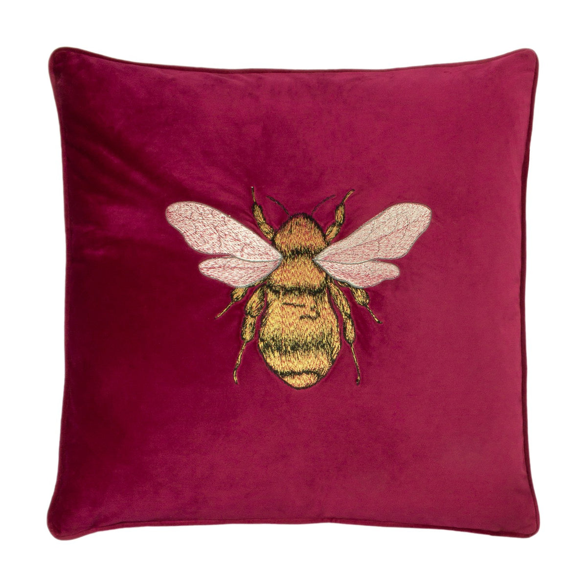 Hortus Animal Velvet Cushion in fuchsia, square with piped edge, featuring a centrally embroidered bee in gold and amber with pale rose wings, shown on a plain white background.