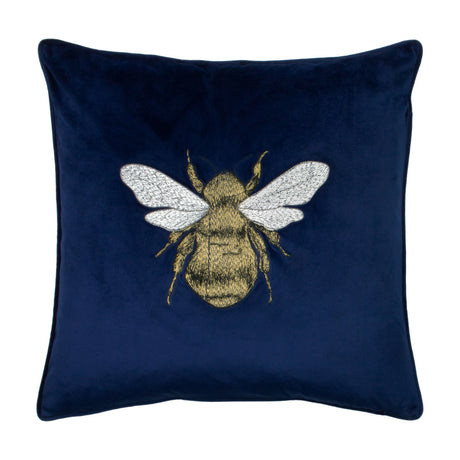 Hortus Animal Velvet Cushion in navy, a square scatter cushion with an embroidered bee design in gold and silver thread on plain velvet, shown on a white background.