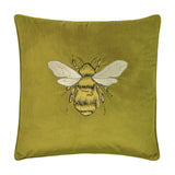 Hortus Animal Velvet Cushion in olive green, 50cm square, featuring a large embroidered bee with detailed stitched body and paler wings, shown on a plain white background.