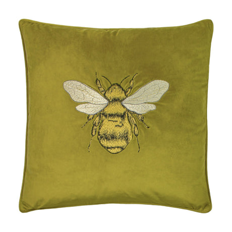 Hortus Animal Velvet Cushion in olive green, 50cm square, featuring a large embroidered bee with detailed stitched body and paler wings, shown on a plain white background.