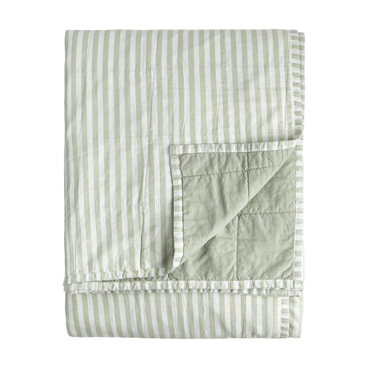Hebden Percale Cotton Bedspread in Eucalyptus/Bay Green, folded to show reversible green-and-white striped side and plain tonal green quilted side, on a white background.
