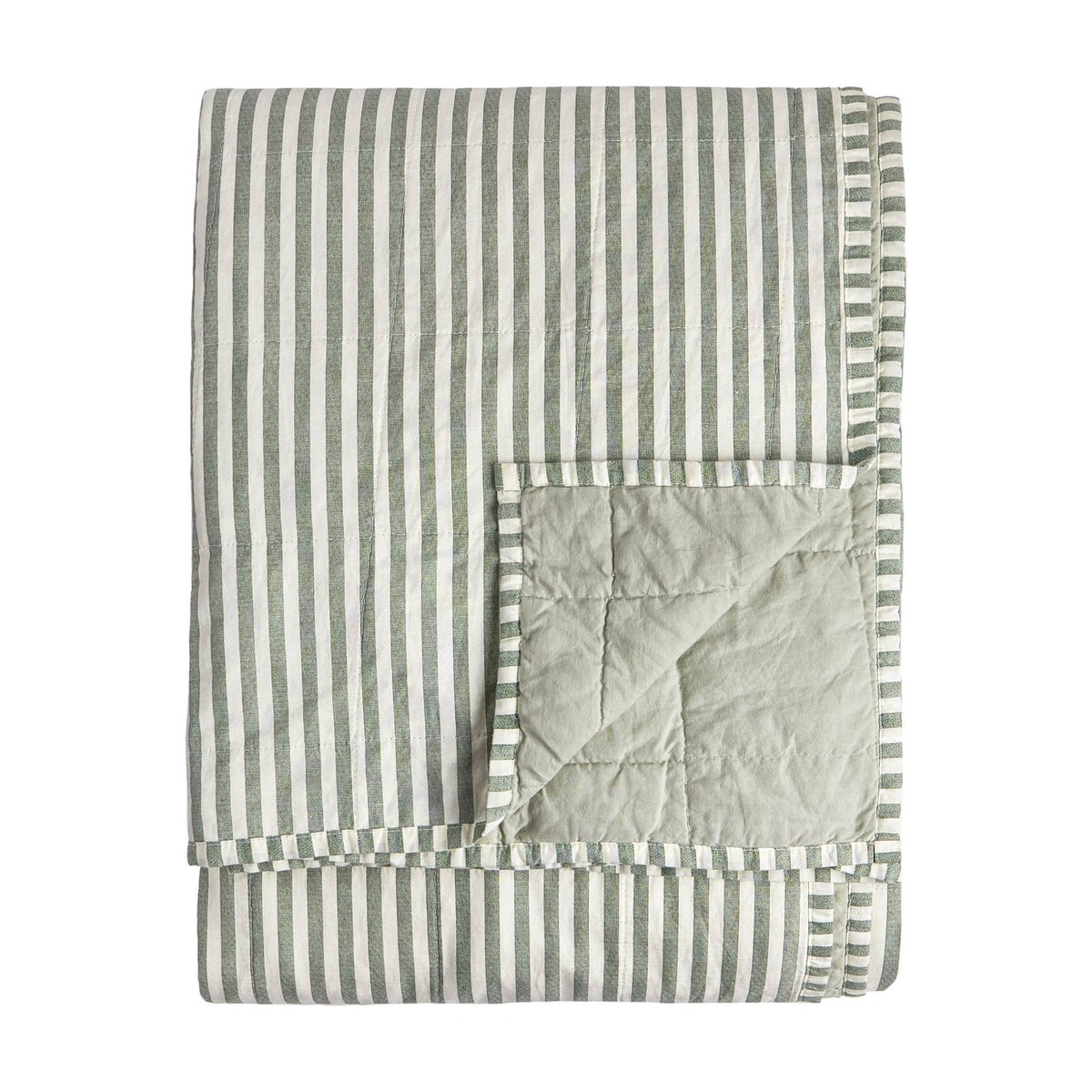 Folded Hebden cotton bedspread in green and white stripe, showing the plain sage green quilted reverse, on a plain white background.