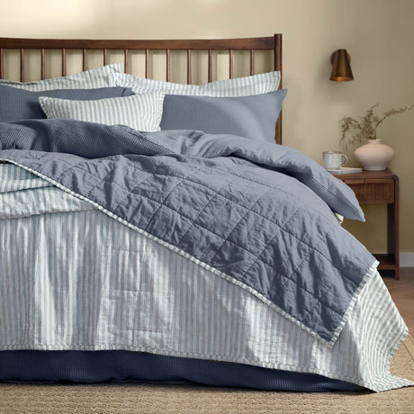 Hebden Percale Cotton Bedspread - Mineral / Denim Blue