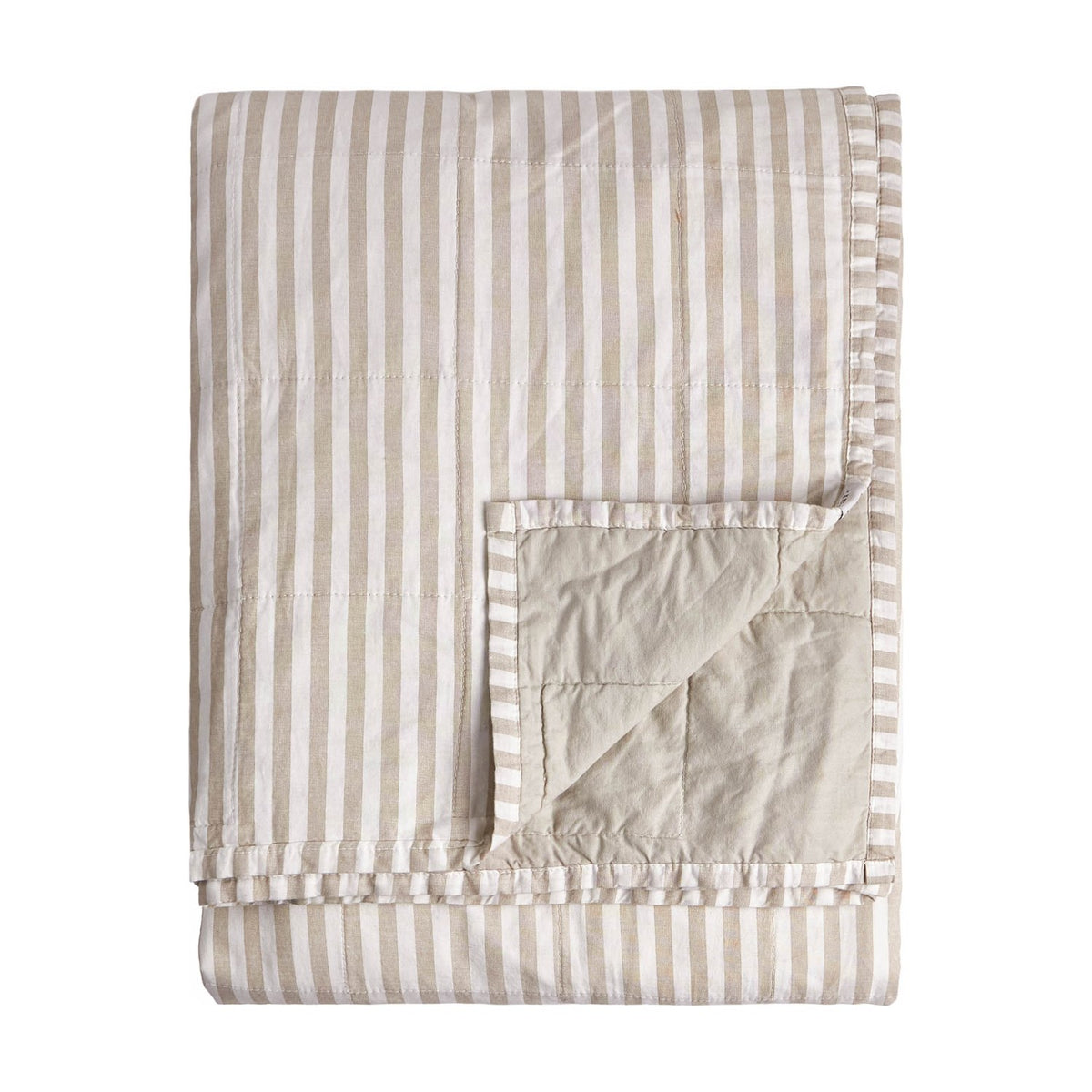 Hebden Percale Cotton Bedspread, folded to show beige and white striped face and plain stone reverse with satin trim, on a white background.