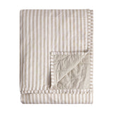 Hebden Percale Cotton Bedspread, folded to show beige and white striped face and plain stone reverse with satin trim, on a white background.