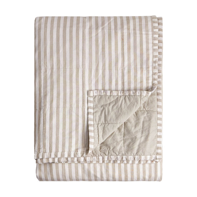 Hebden Percale Cotton Bedspread, folded to show beige and white striped face and plain stone reverse with satin trim, on a white background.