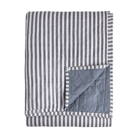 Hebden Percale Cotton Bedspread in navy and white stripe, folded to show a plain denim blue reverse side, on a white background.