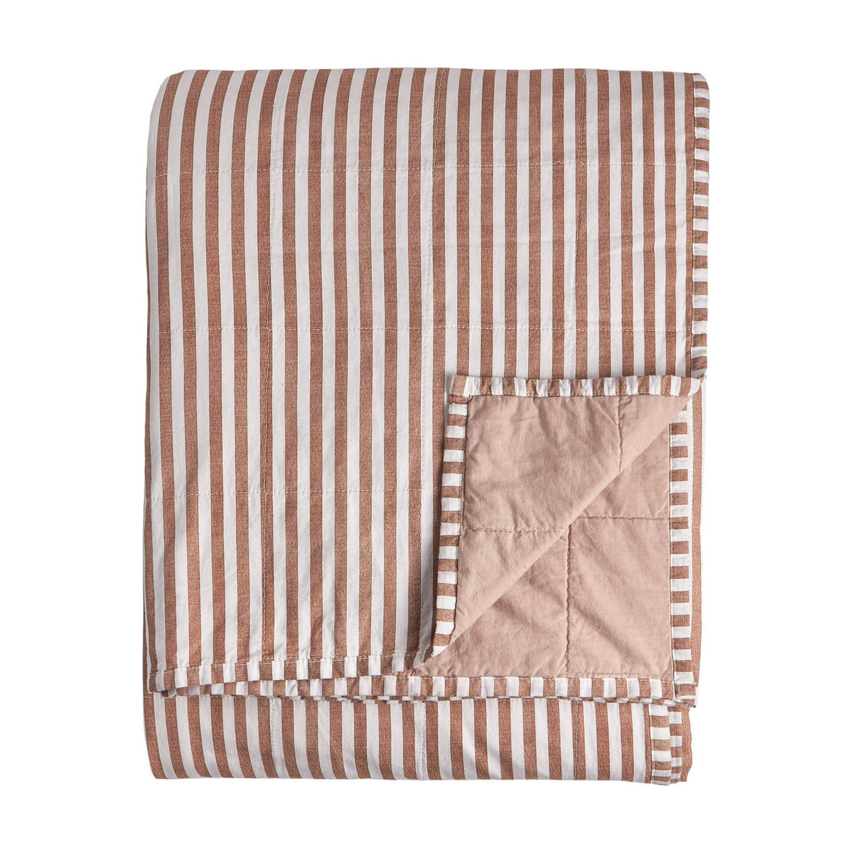 Hebden Percale Cotton Bedspread in Pecan/Cotta, folded to show pecan-brown and white striped cotton on one side and a plain blush reverse, on a white background.