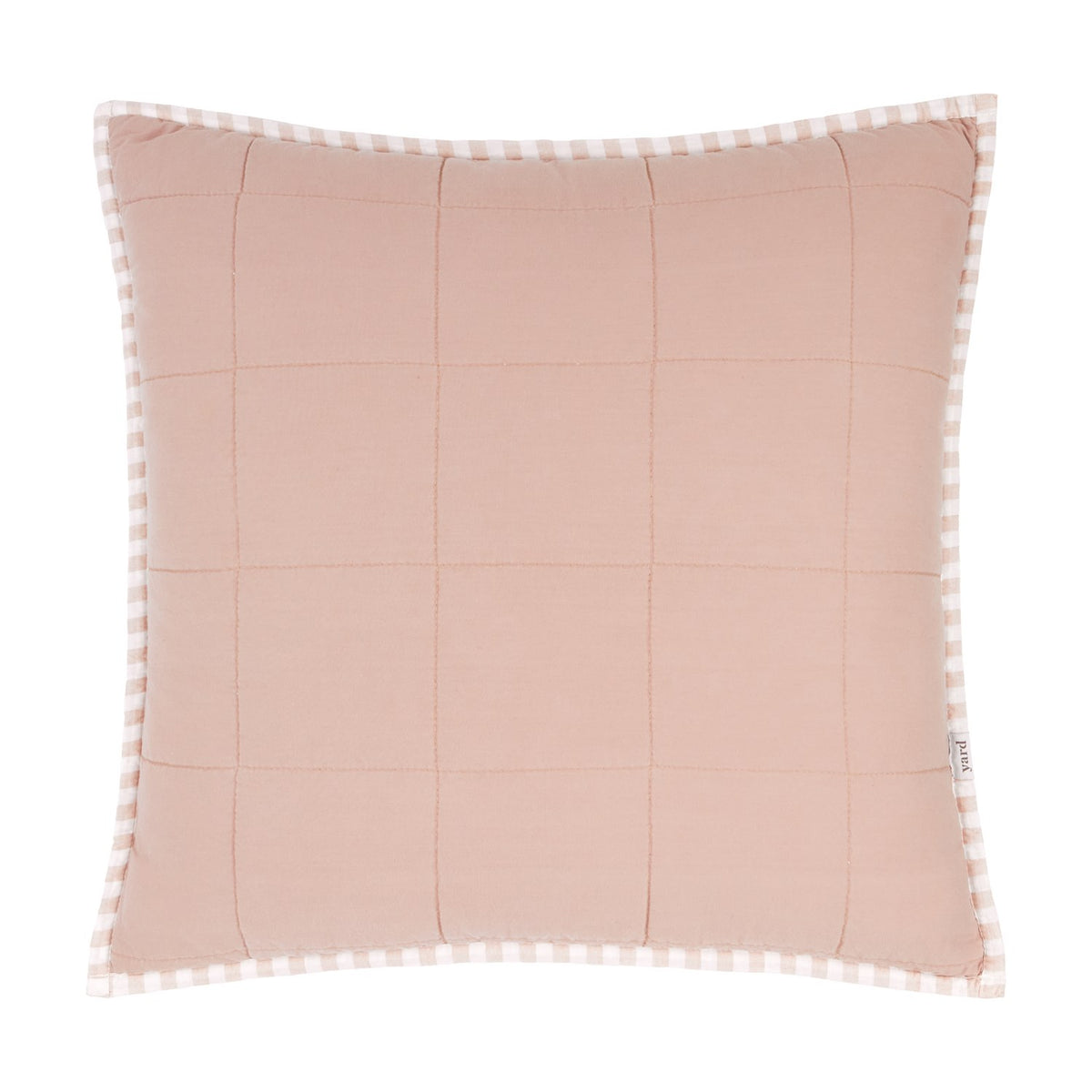Hebden Percale Cotton Cushion in blush, square with quilted grid stitching, gingham-check piped border, shown on a plain white background.