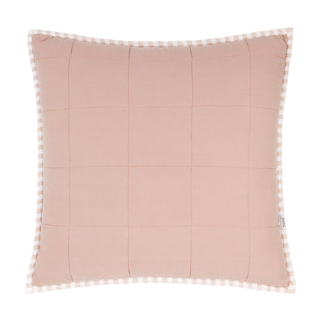 Hebden Percale Cotton Cushion in blush, square with quilted grid stitching, gingham-check piped border, shown on a plain white background.