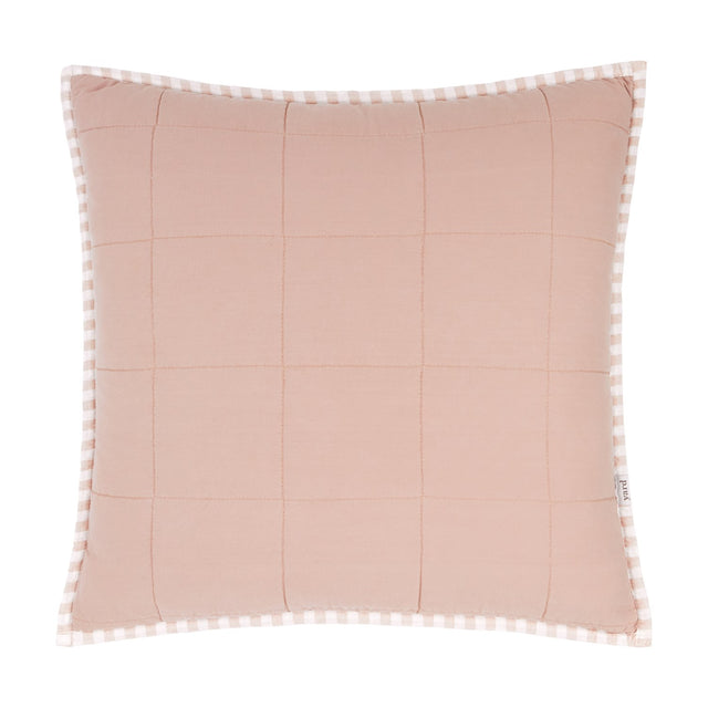 Hebden Percale Cotton Cushion in blush, square with quilted grid stitching, gingham-check piped border, shown on a plain white background.