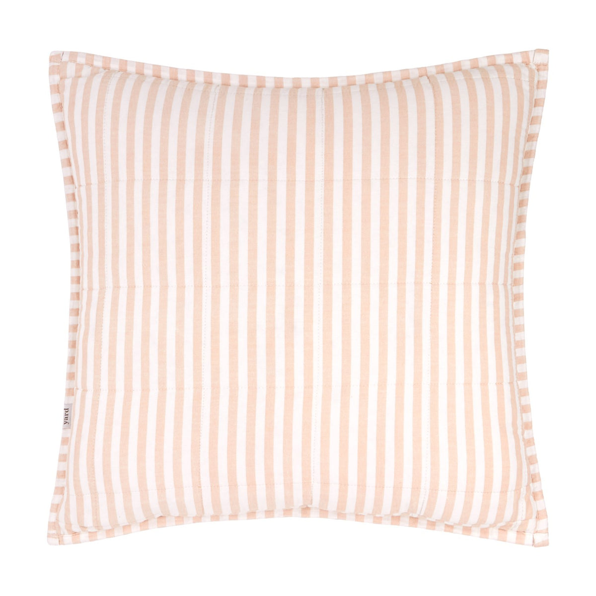 Hebden Percale Cotton Cushion in Blush, shown striped side up with vertical blush-and-white stripes, piped edge trim, and a small fabric label, on a plain white background.