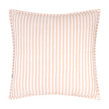 Hebden Percale Cotton Cushion in Blush, shown striped side up with vertical blush-and-white stripes, piped edge trim, and a small fabric label, on a plain white background.