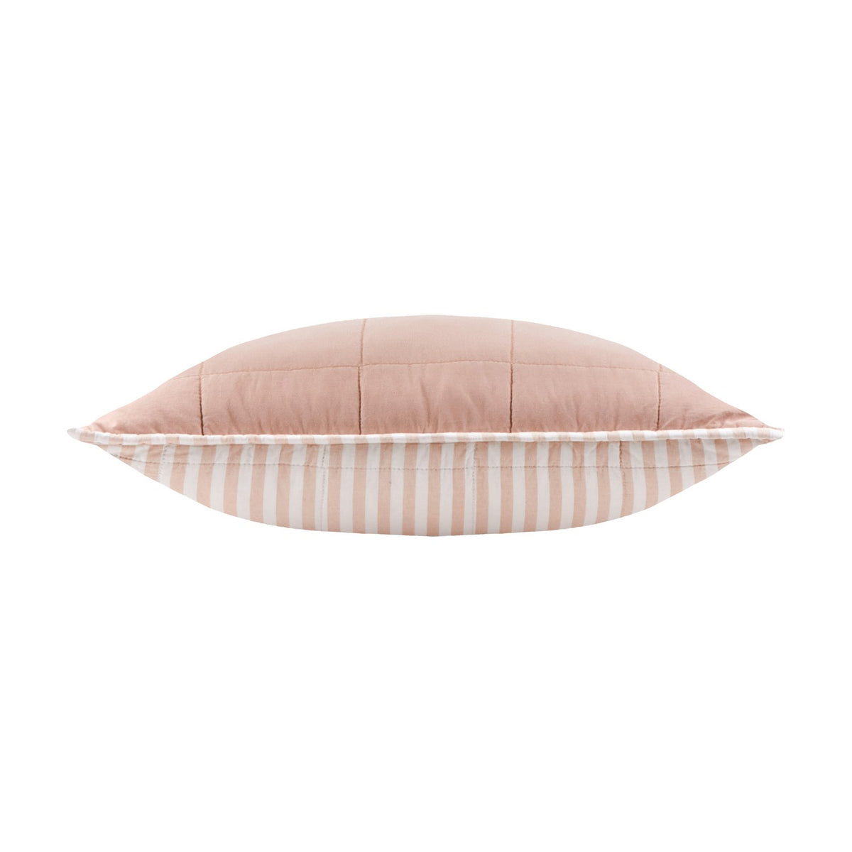 Side view of the Hebden Percale Cotton Cushion in blush, showing a plain quilted top and a blush-and-white striped underside, on a plain white background.
