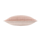 Side view of the Hebden Percale Cotton Cushion in blush, showing a plain quilted top and a blush-and-white striped underside, on a plain white background.
