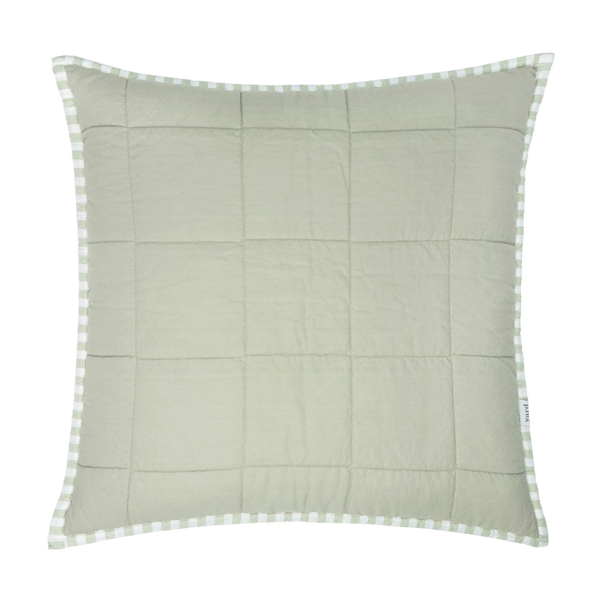Hebden Percale Cotton Cushion in Eucalyptus/Bay Green, 55cm square with a quilted sage face and green-and-white gingham piping trim, shown on a plain white background.