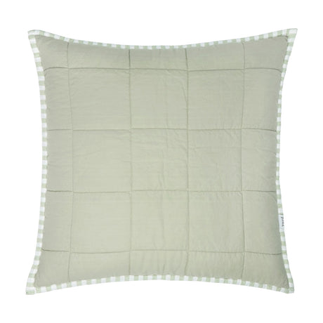 Hebden Percale Cotton Cushion in Eucalyptus/Bay Green, 55cm square with a quilted sage face and green-and-white gingham piping trim, shown on a plain white background.