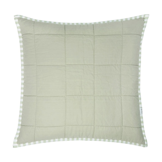 Hebden Percale Cotton Cushion in Eucalyptus/Bay Green, 55cm square with a quilted sage face and green-and-white gingham piping trim, shown on a plain white background.
