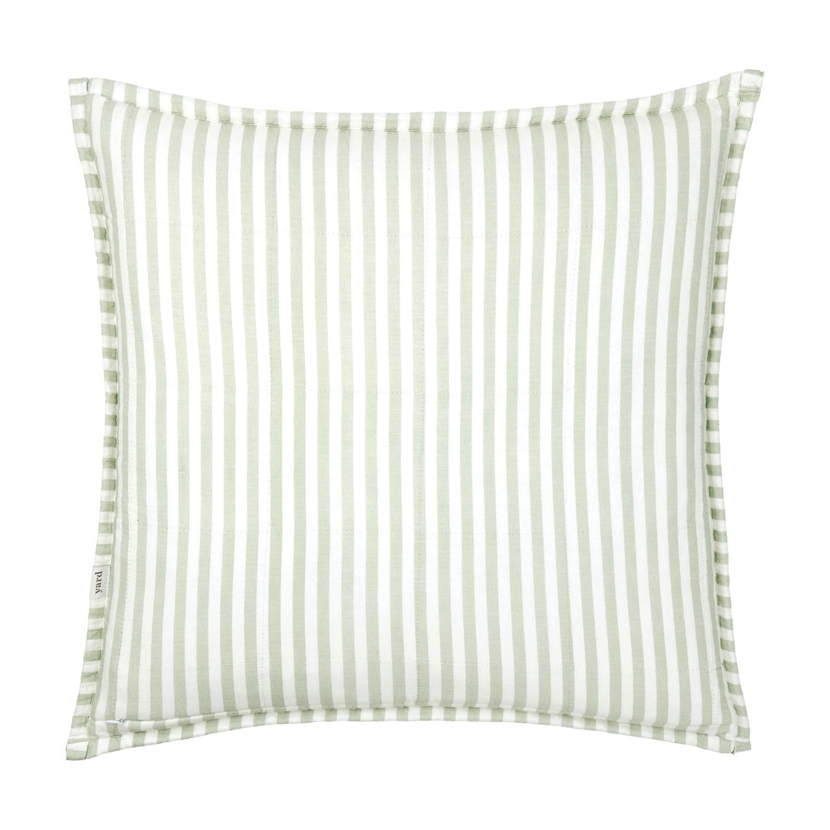 Hebden Percale Cotton Cushion in eucalyptus bay green, square with sage-white striped cotton fabric and piped edge, shown on a plain white background.