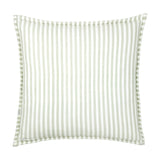Hebden Percale Cotton Cushion in eucalyptus bay green, square with sage-white striped cotton fabric and piped edge, shown on a plain white background.