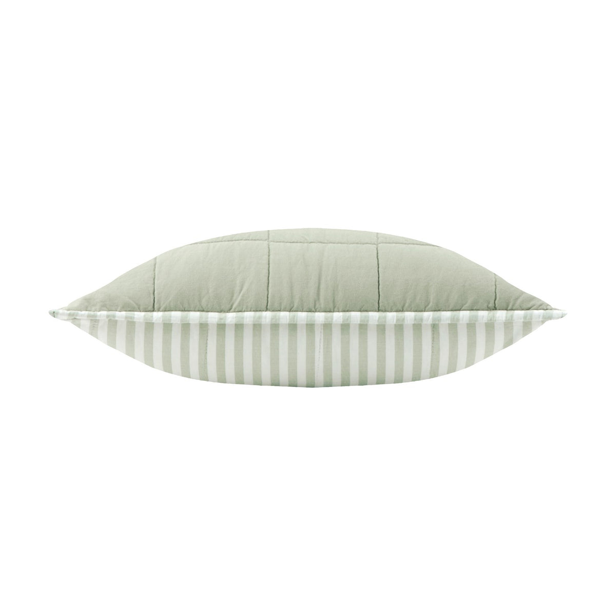 Side view of the Hebden Percale Cotton Cushion showing sage green quilted top panel and green-and-white striped side gusset, on a plain white background.