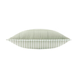 Side view of the Hebden Percale Cotton Cushion showing sage green quilted top panel and green-and-white striped side gusset, on a plain white background.