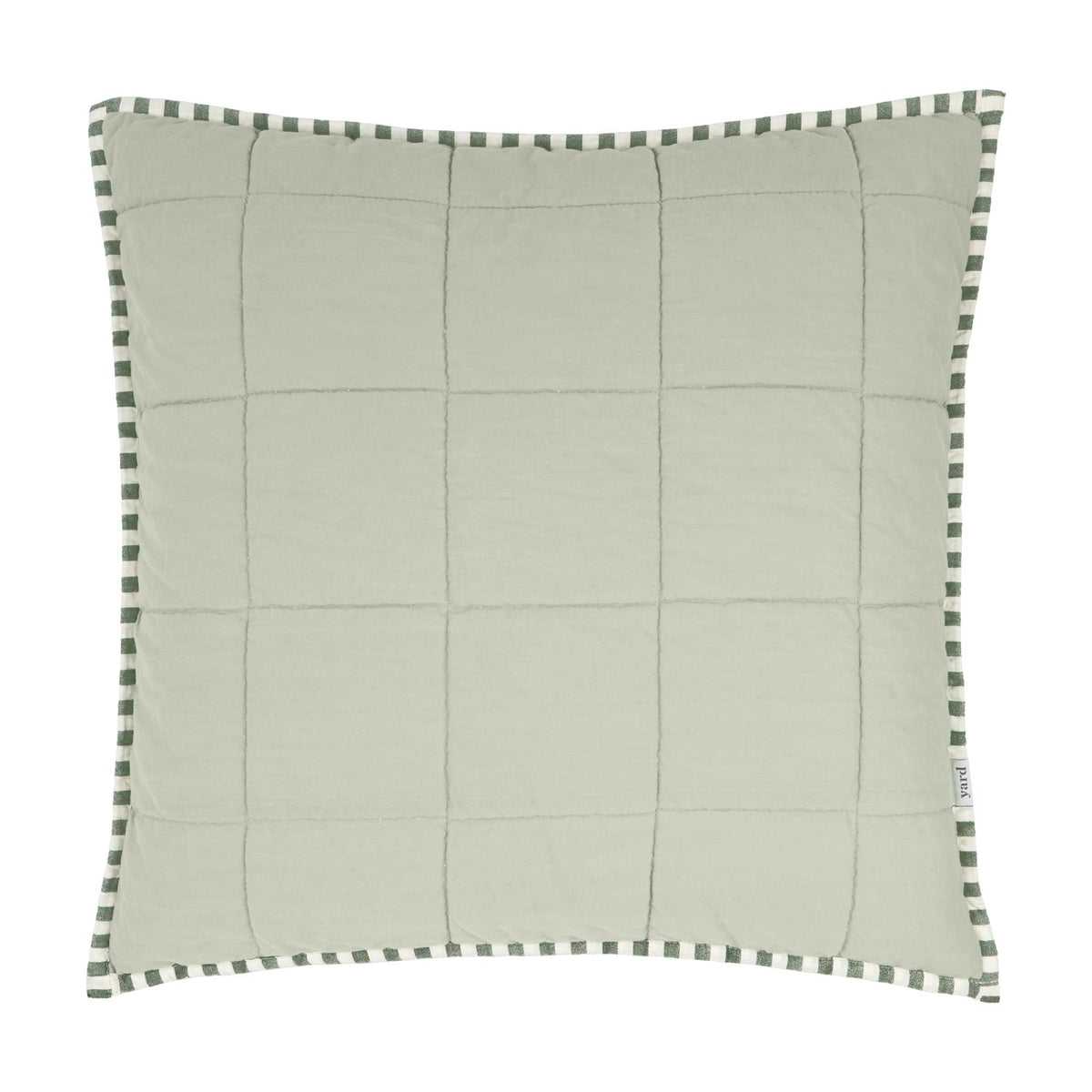 Hebden Percale Cotton Cushion in sage green with a quilted grid-stitched front and green-and-cream striped edge trim, shown square on a plain white background.