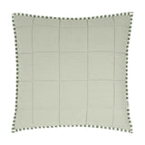 Hebden Percale Cotton Cushion in sage green with a quilted grid-stitched front and green-and-cream striped edge trim, shown square on a plain white background.