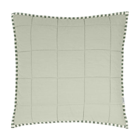 Hebden Percale Cotton Cushion in sage green with a quilted grid-stitched front and green-and-cream striped edge trim, shown square on a plain white background.