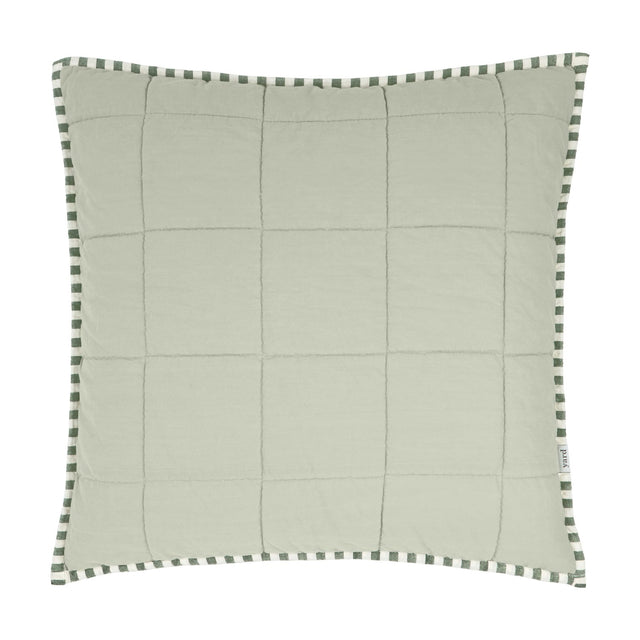 Hebden Percale Cotton Cushion in sage green with a quilted grid-stitched front and green-and-cream striped edge trim, shown square on a plain white background.