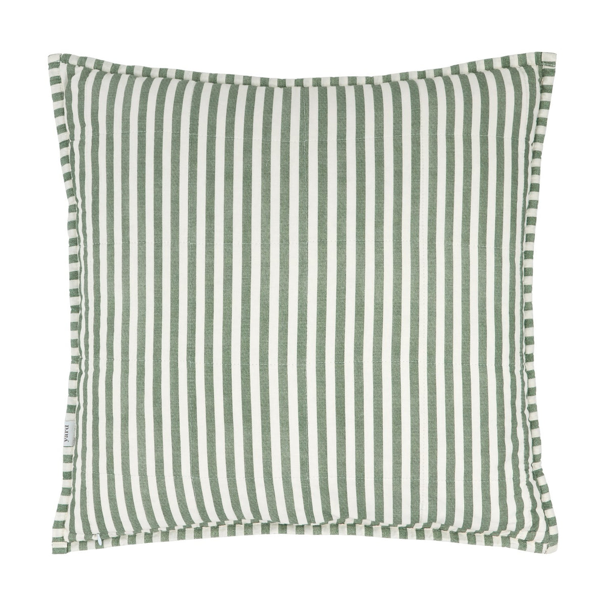 Hebden Percale Cotton Cushion in Forest / Bay Green, showing the green and cream striped side with a flanged edge, on a plain white background.