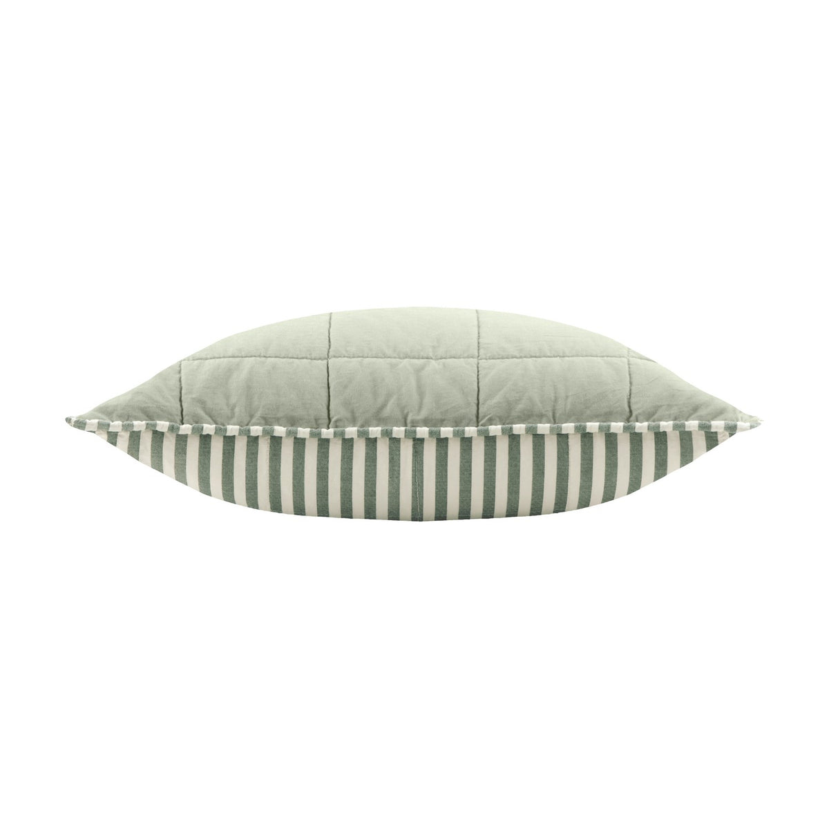 Side view of the Hebden Percale Cotton Cushion in Forest/Bay Green, showing quilted sage green fabric on top and green and cream striped piping along the edge, set against a plain white background.