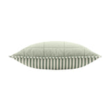 Side view of the Hebden Percale Cotton Cushion in Forest/Bay Green, showing quilted sage green fabric on top and green and cream striped piping along the edge, set against a plain white background.