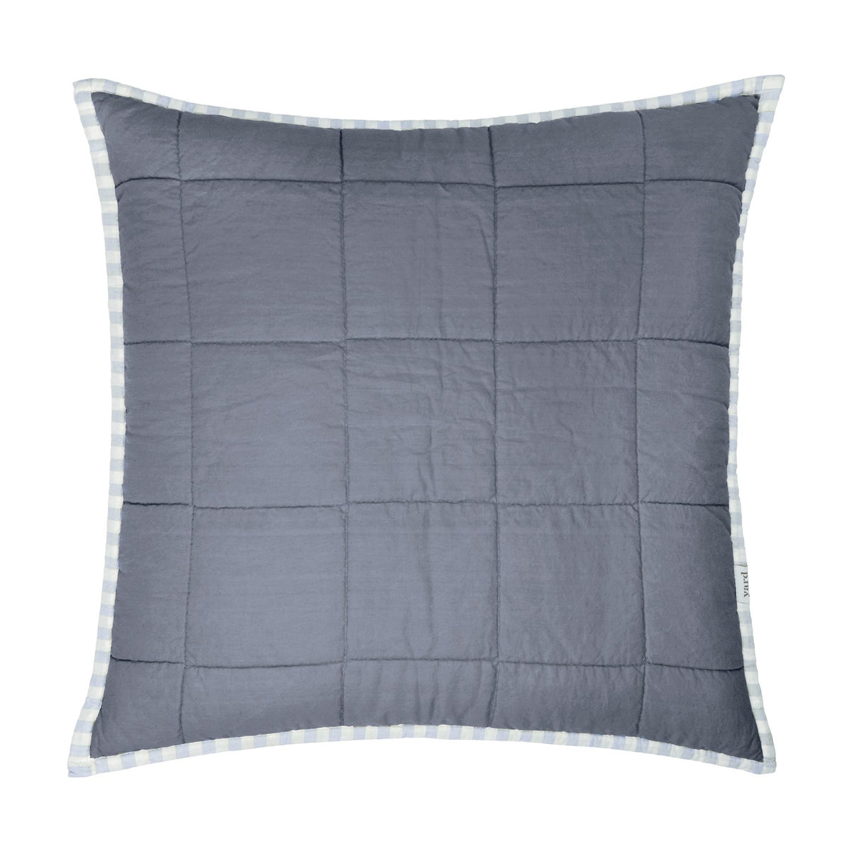 Hebden Percale Cotton Cushion in mineral denim blue, square with box-quilted grid stitching and a pale blue and white gingham-check border, on a plain white background.